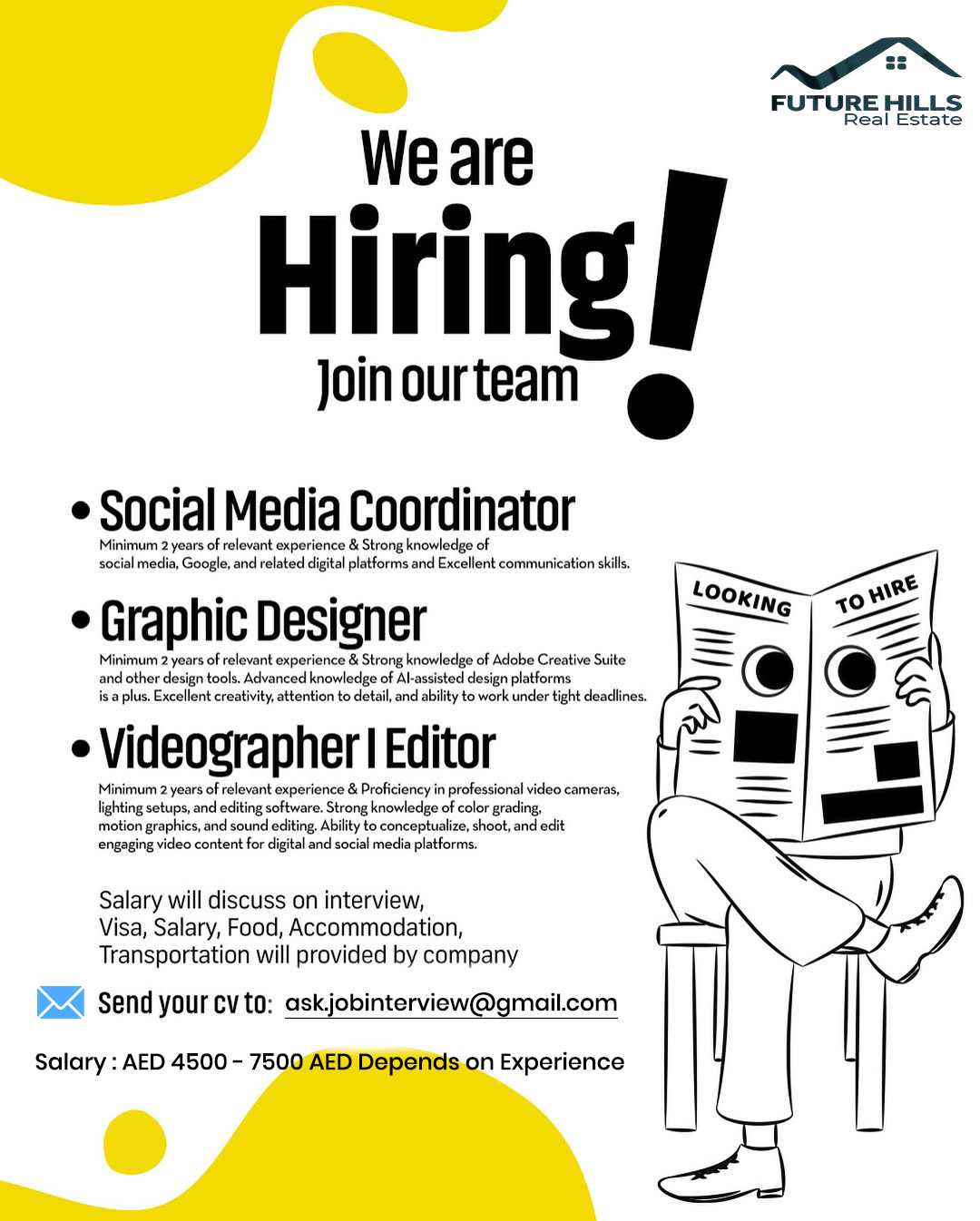 Future Hills Real Estate hiring poster for Social Media Coordinator, Graphic Designer, and Videographer in UAE – 2025 recruitment.