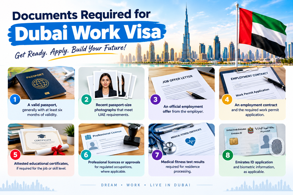 Dubai work visa process 2026 showing UAE employment visa and work permit requirements